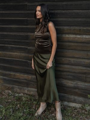 Nellie Satin Midi Skirt - Olive