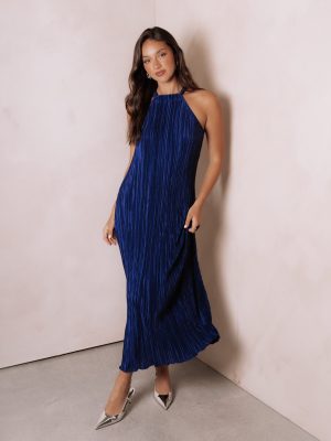 Melody Plisse Halter Maxi Dress - Navy