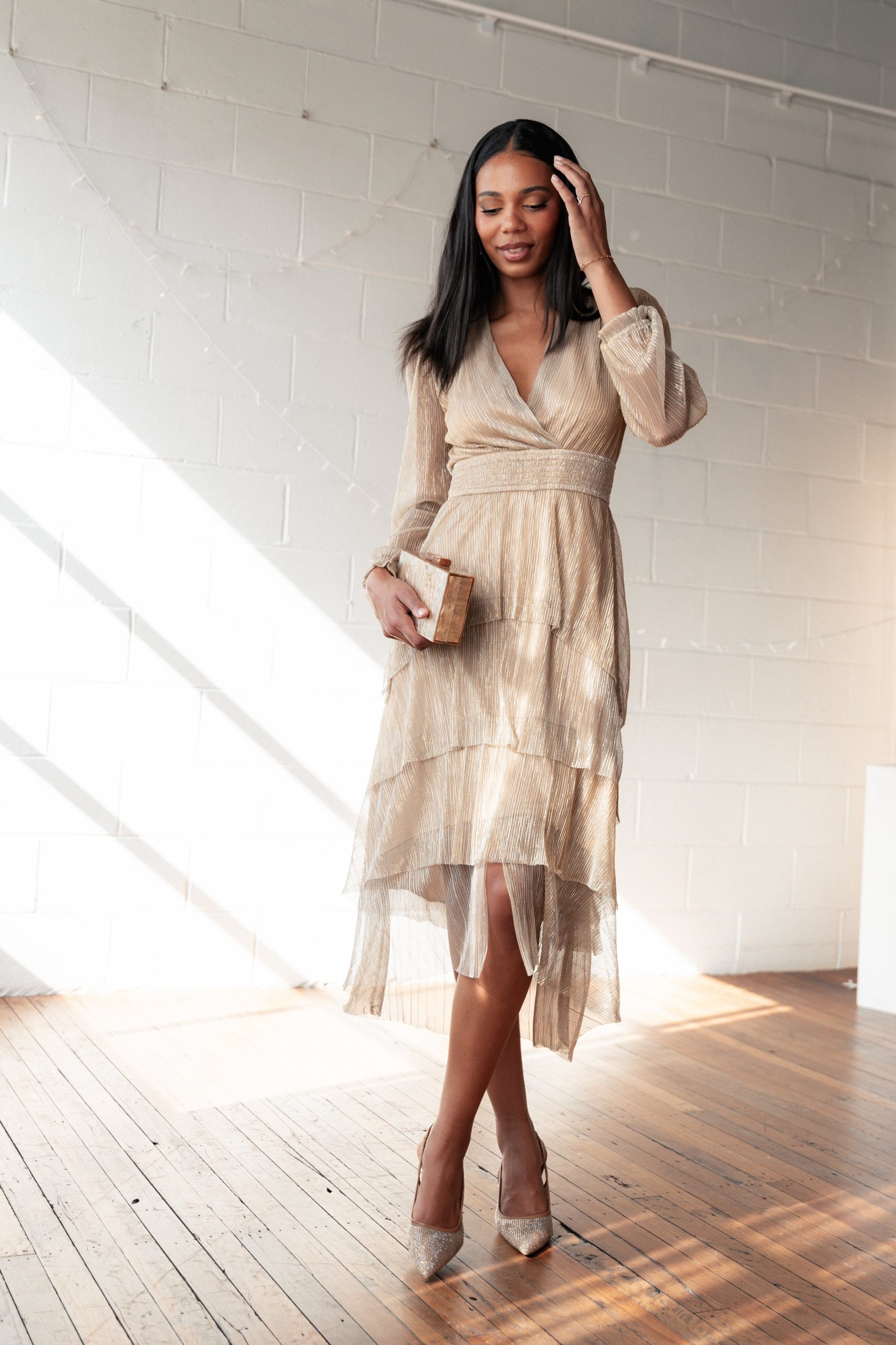 Cybil Pleated Tiered Midi Dress - Champagne Gold - Image 2