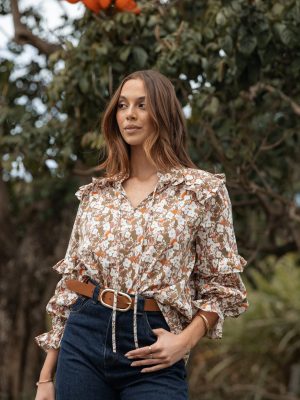 Selmah Long Sleeve Top - Cream Olive Orange