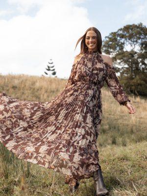 Hilary Pleated Maxi Dress - Brown Floral