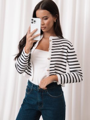 Cynthia Striped Button Front Cardigan - Black/Cream