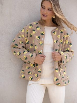 Roux Flower Print Shearling Jacket - Taupe