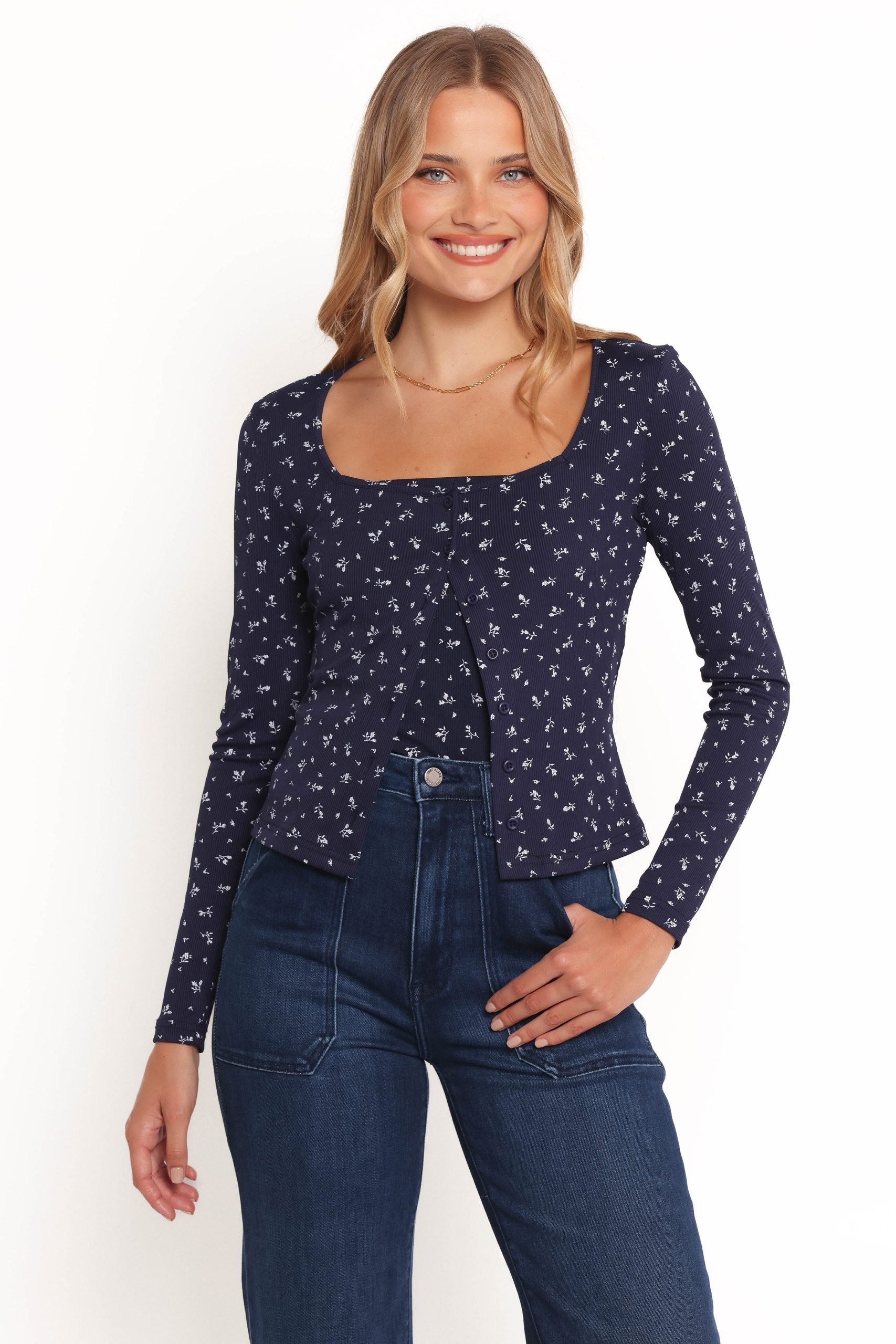 Esma Square Neck Knit Top - Navy Ditsy - Image 7