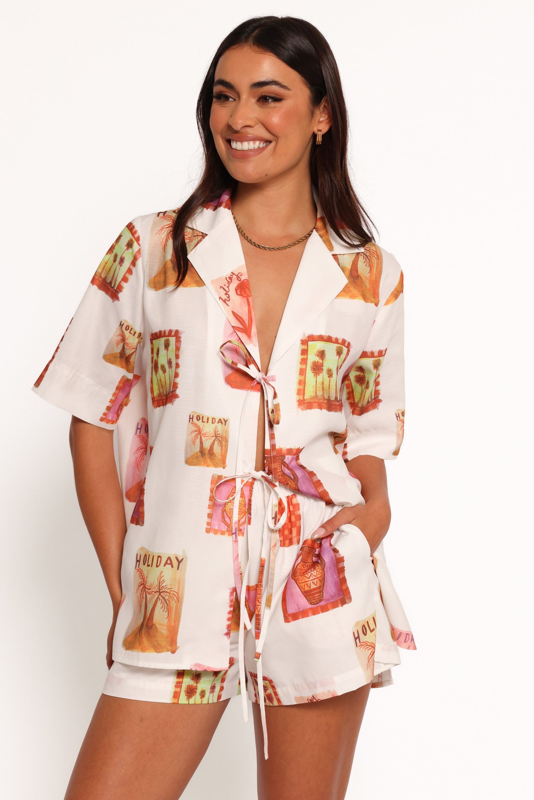 Aaliyah Tie Front Top - White Multi - Image 3