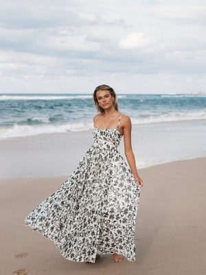 Achanti Pleated Maxi Dress - White Black Floral