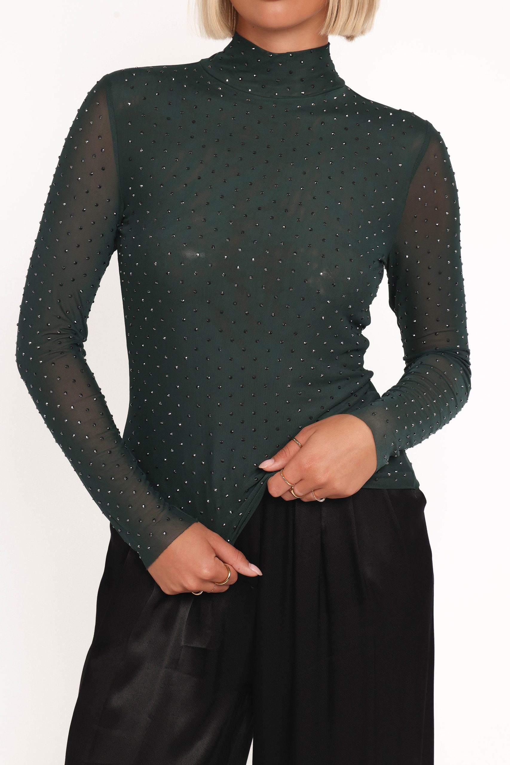 Alejandra Embellished Mesh Top - Hunter Green - Image 2