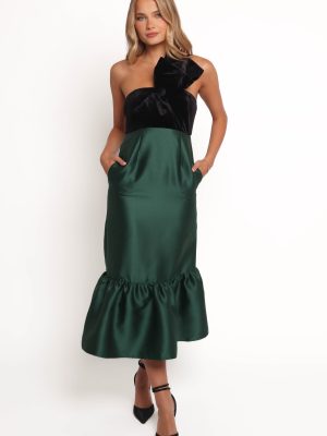 Amelie Bow Front One Shoulder Midi Dress - Black/Emerald
