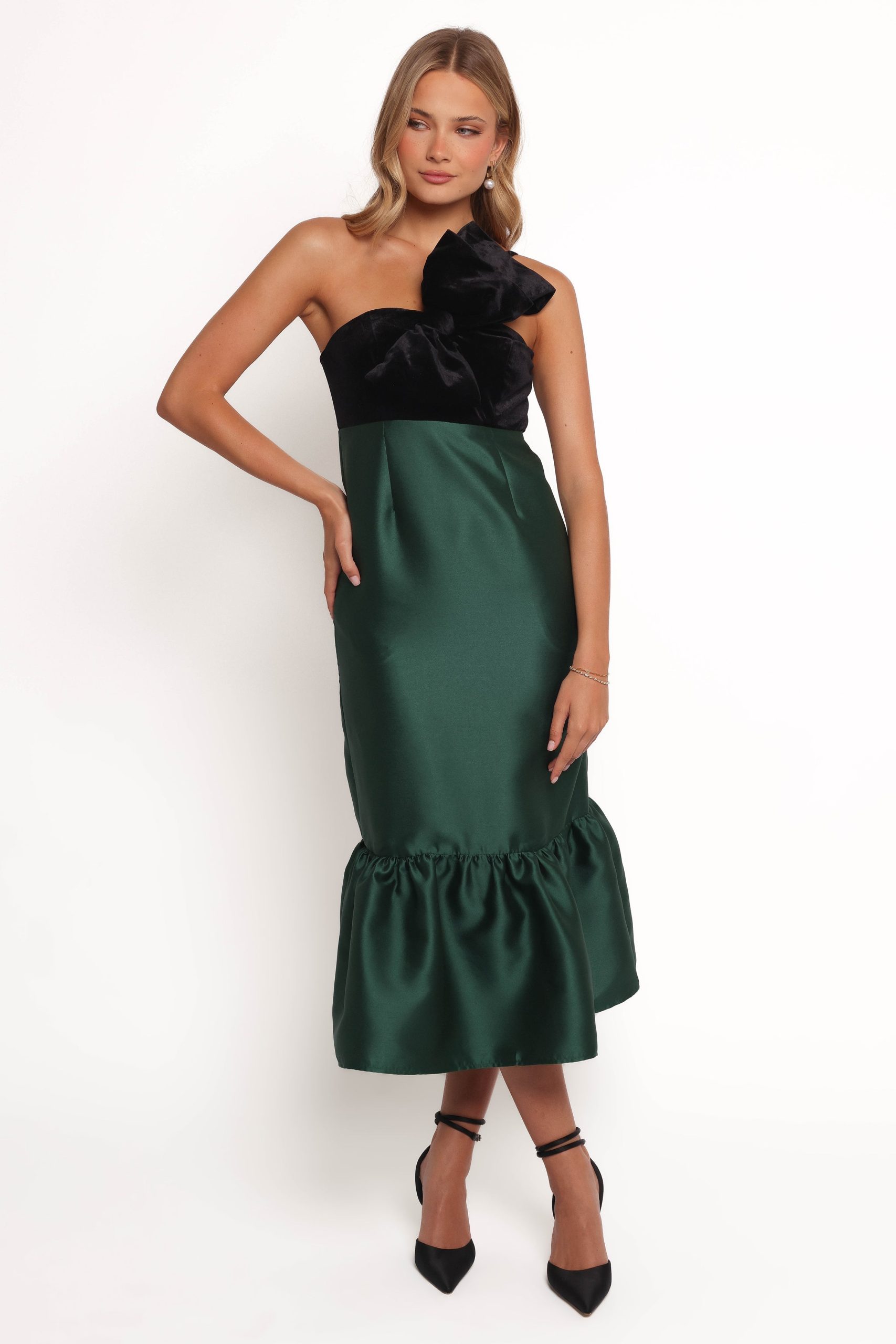 Amelie Bow Front One Shoulder Midi Dress - Black/Emerald - Image 6