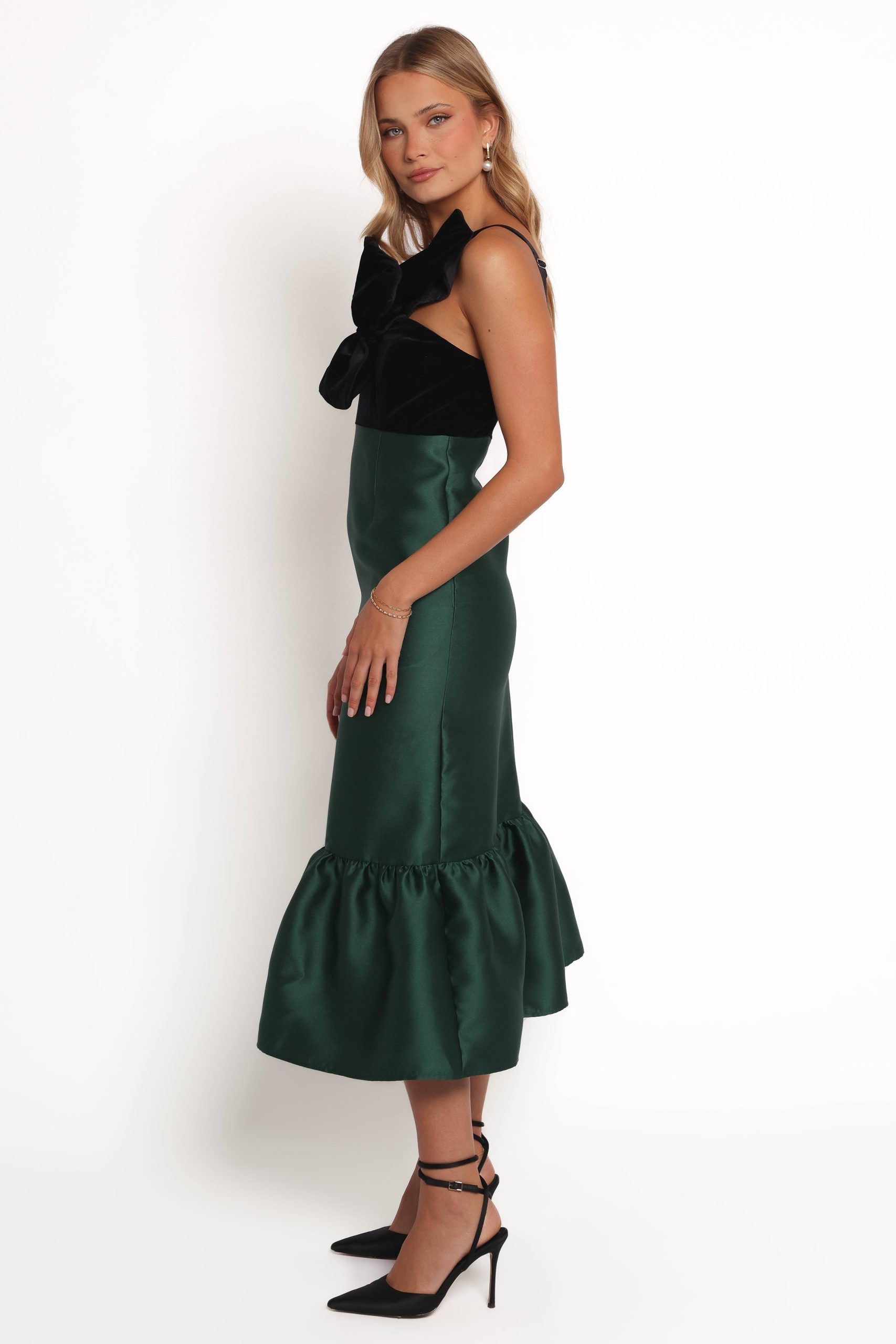 Amelie Bow Front One Shoulder Midi Dress - Black/Emerald - Image 3