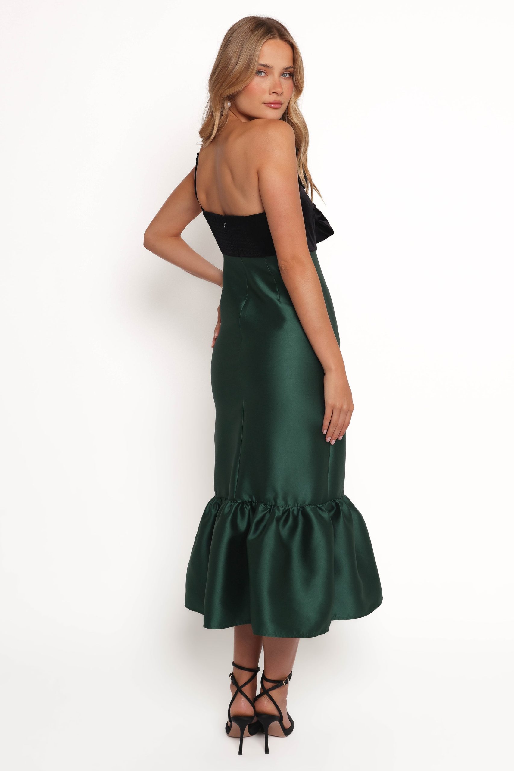 Amelie Bow Front One Shoulder Midi Dress - Black/Emerald - Image 4