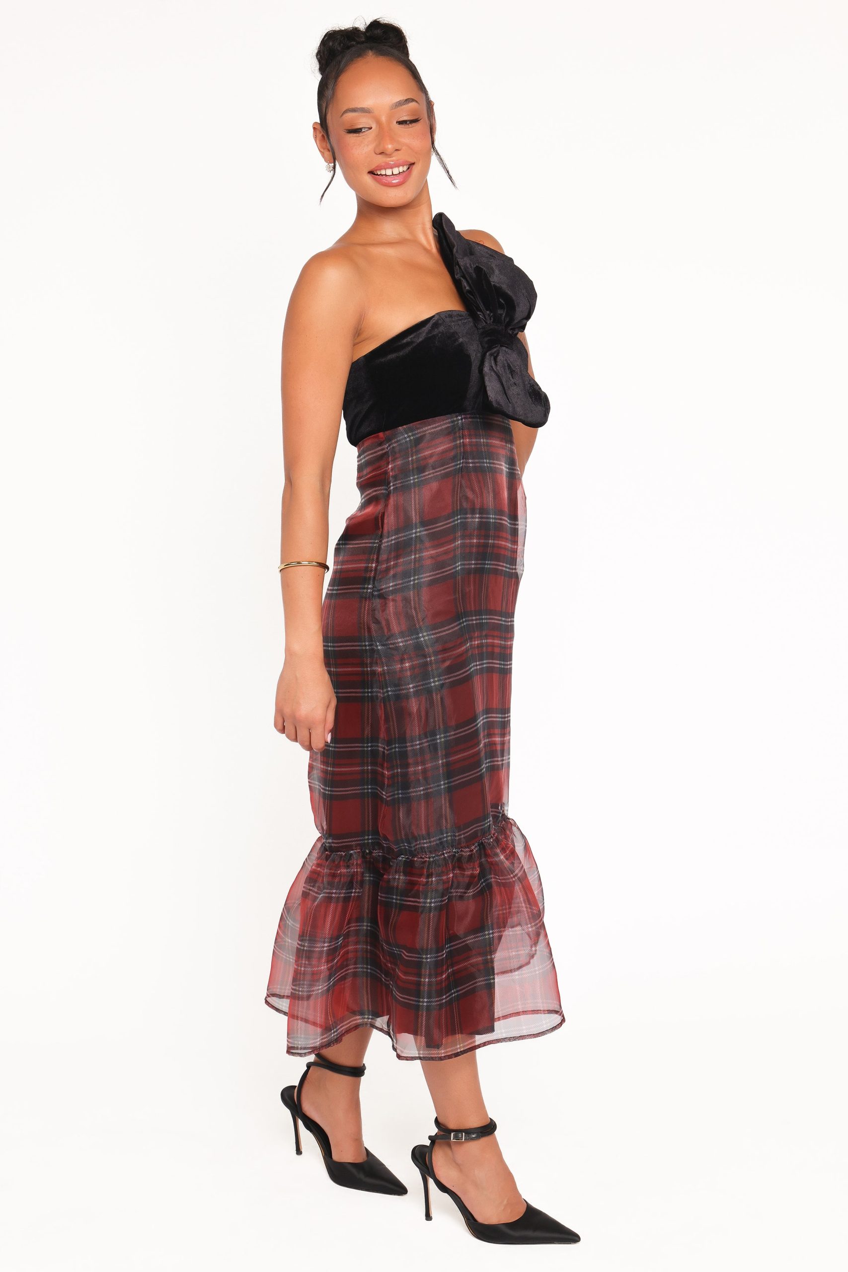 Amelie Bow Front One Shoulder Midi Dress - Red Plaid - Image 4