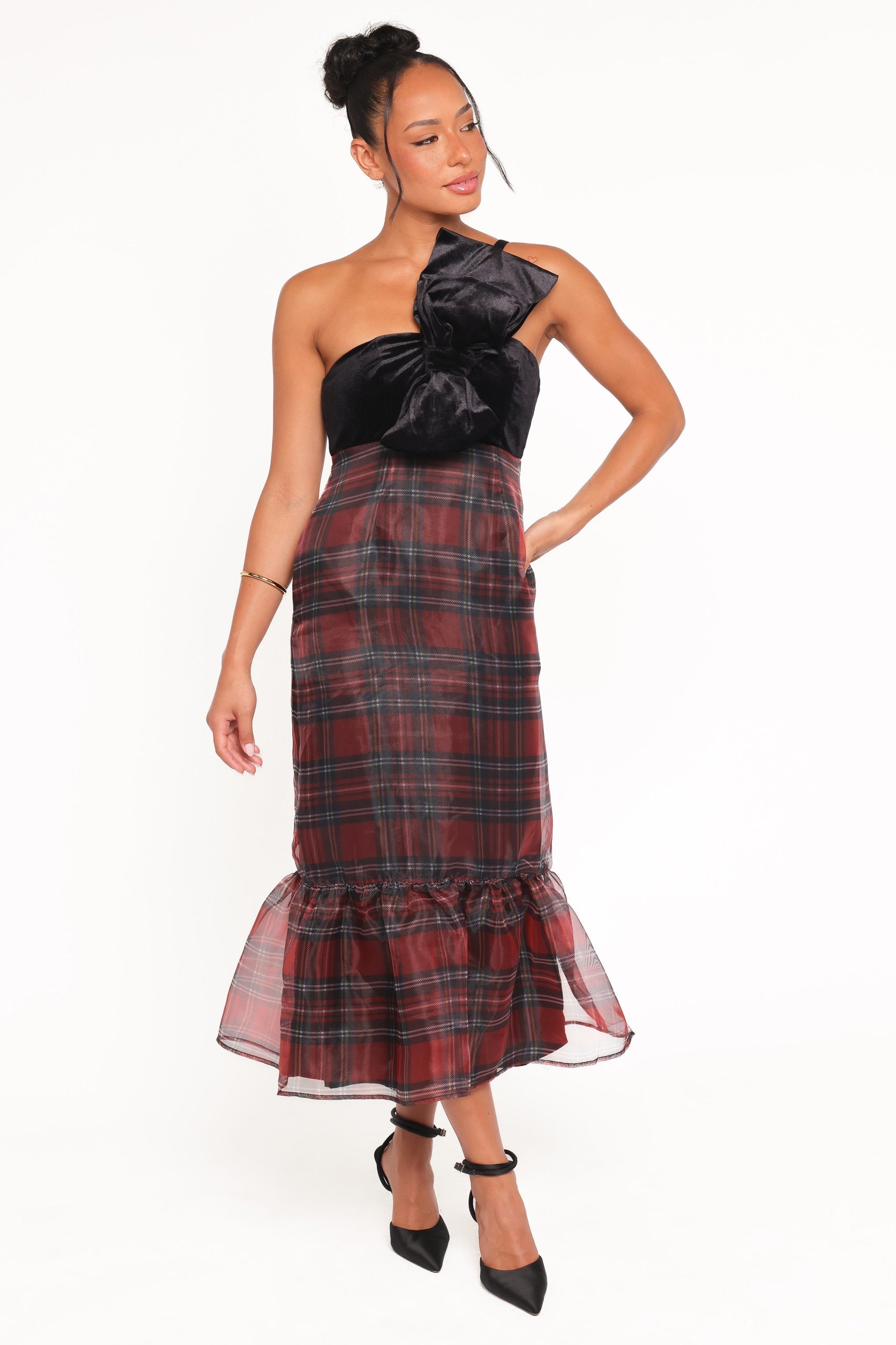 Amelie Bow Front One Shoulder Midi Dress - Red Plaid - Image 2