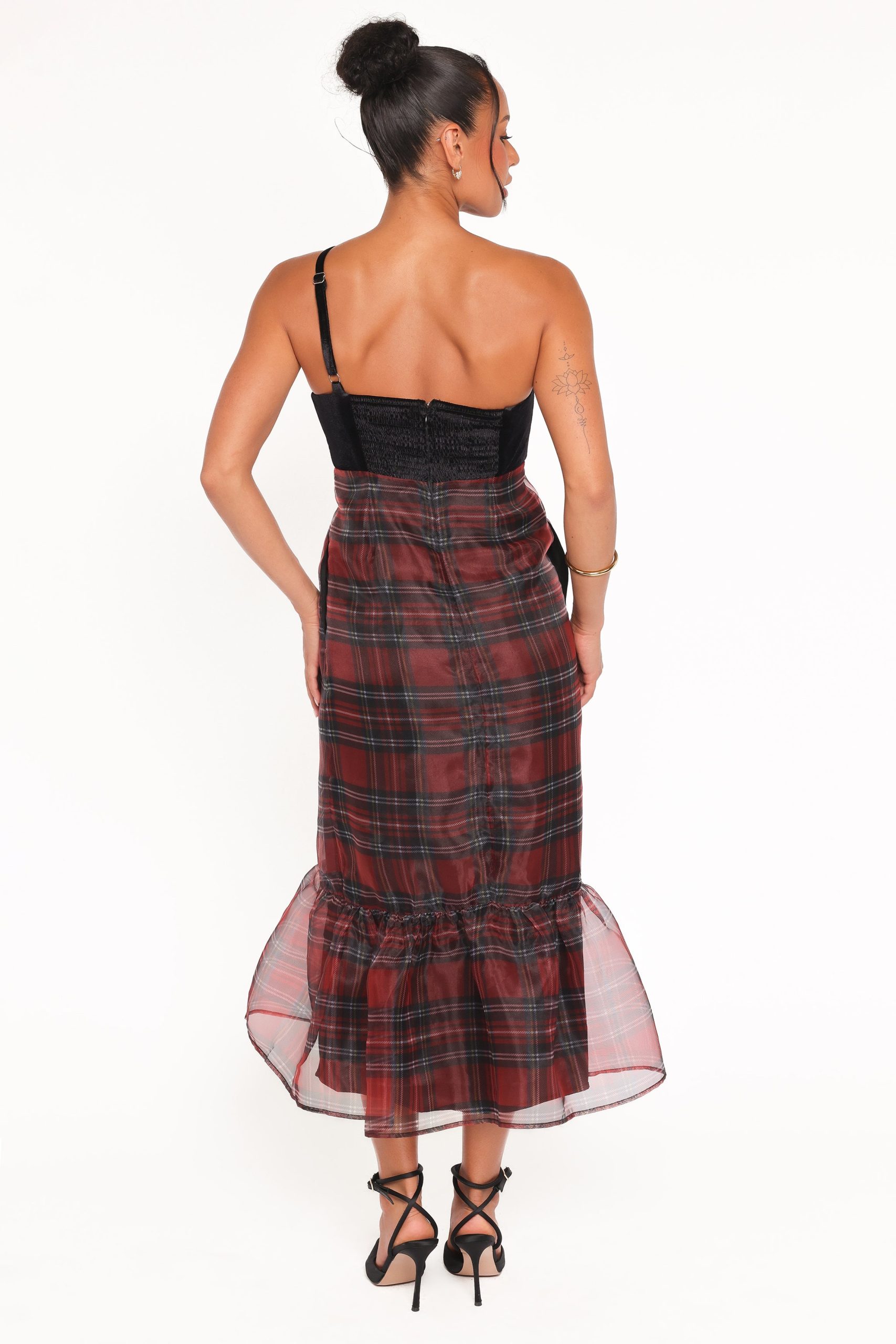 Amelie Bow Front One Shoulder Midi Dress - Red Plaid - Image 5