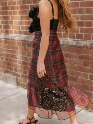 Amelie Bow Front One Shoulder Midi Dress - Red Plaid