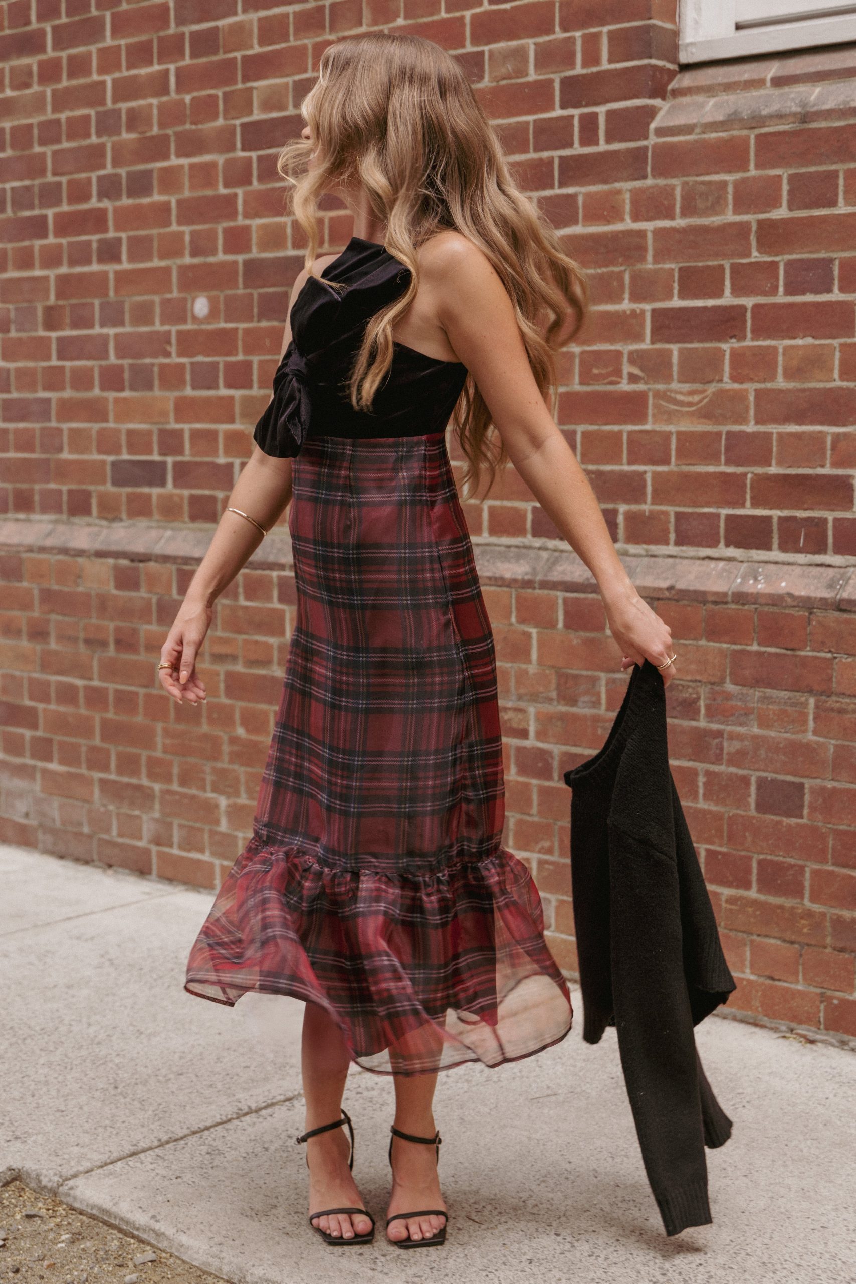 Amelie Bow Front One Shoulder Midi Dress - Red Plaid - Image 7