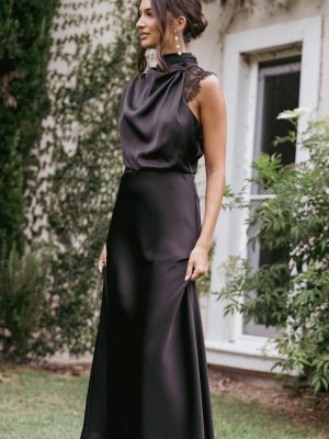 Anabelle Halter Neck Lace Maxi Dress - Black