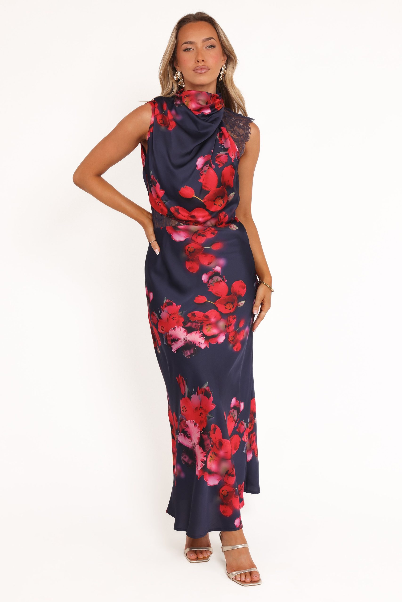 Anabelle Halter Neck Lace Maxi Dress - Navy Floral - Image 2