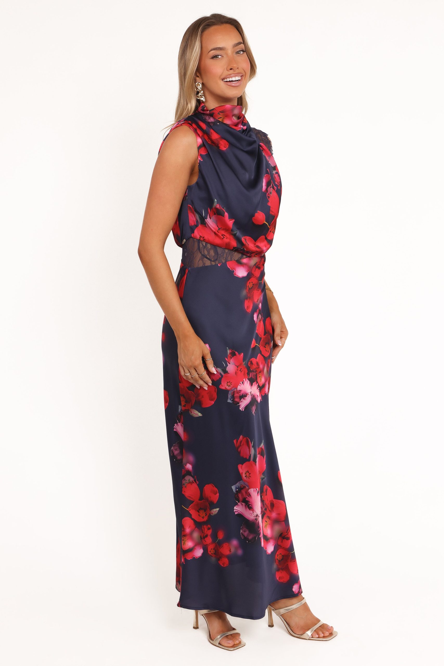 Anabelle Halter Neck Lace Maxi Dress - Navy Floral - Image 5
