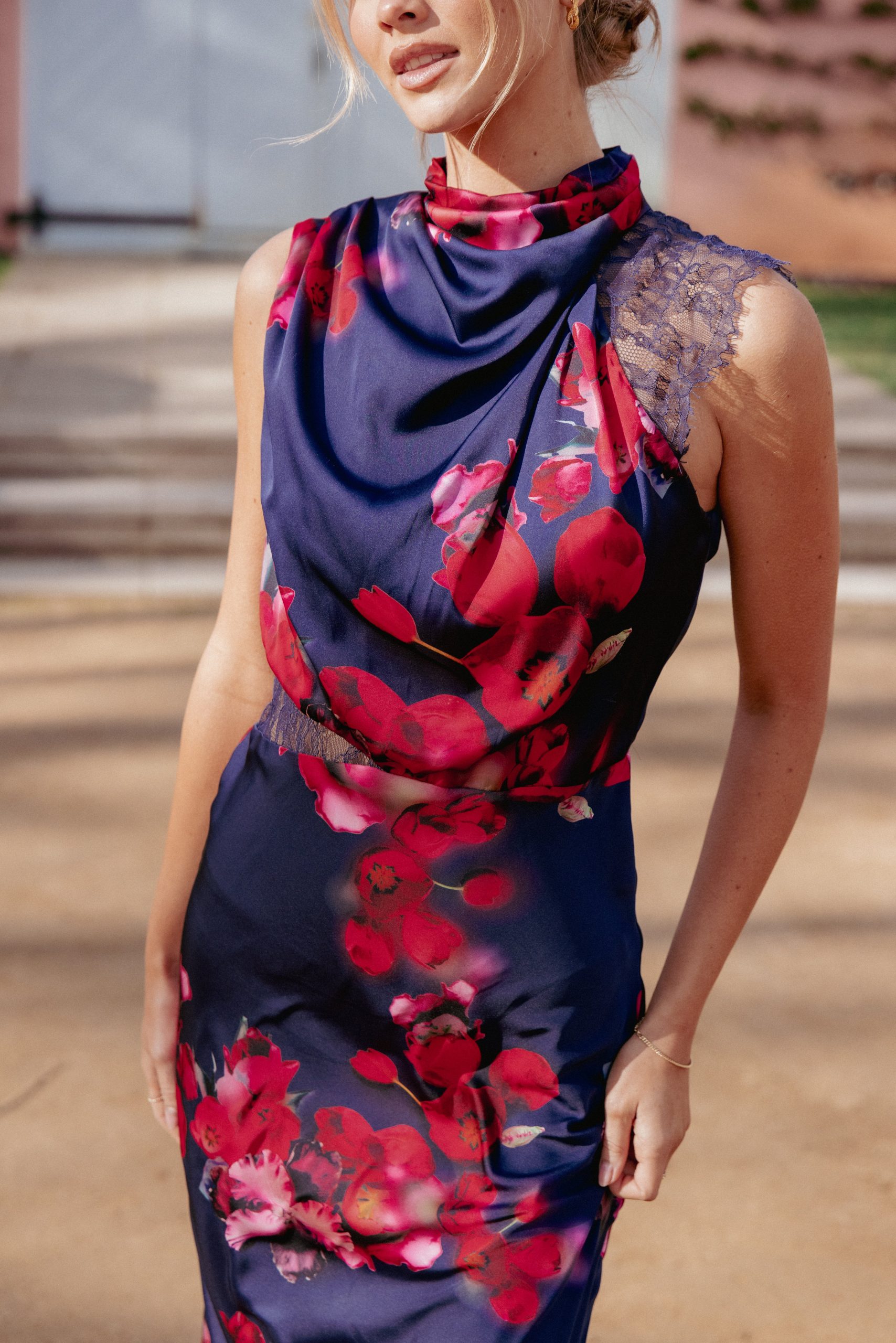 Anabelle Halter Neck Lace Maxi Dress - Navy Floral - Image 7