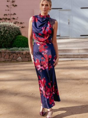 Anabelle Halter Neck Lace Maxi Dress - Navy Floral