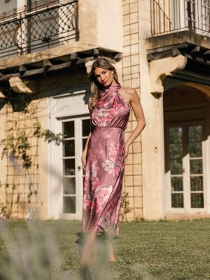 Anabelle Halter Neck Midi Dress - Dark Rose Floral