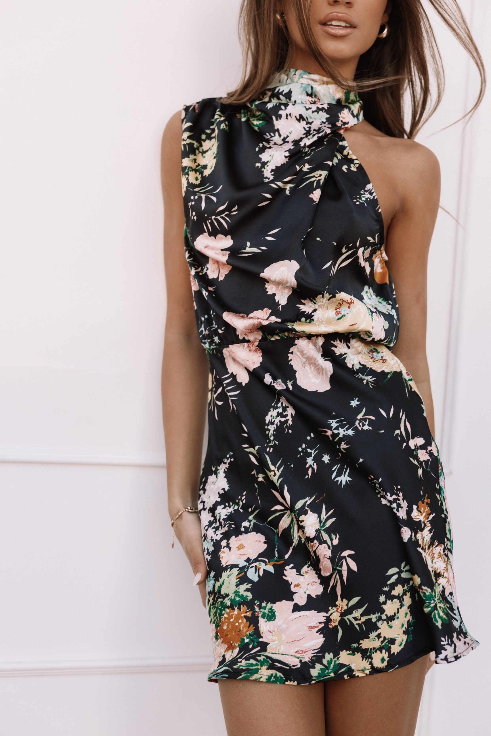 Anabelle Halter Neck Mini Dress - Black Floral - Image 2