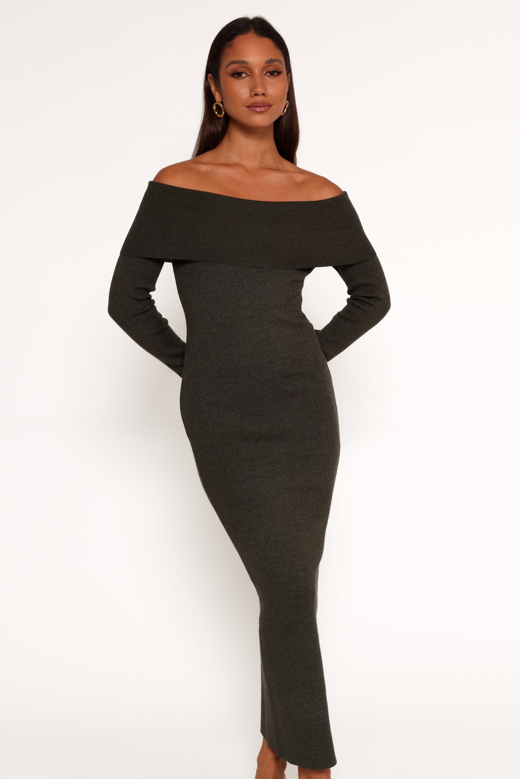 Archie Off The Shoulder Midi Dress - Olive - Image 3