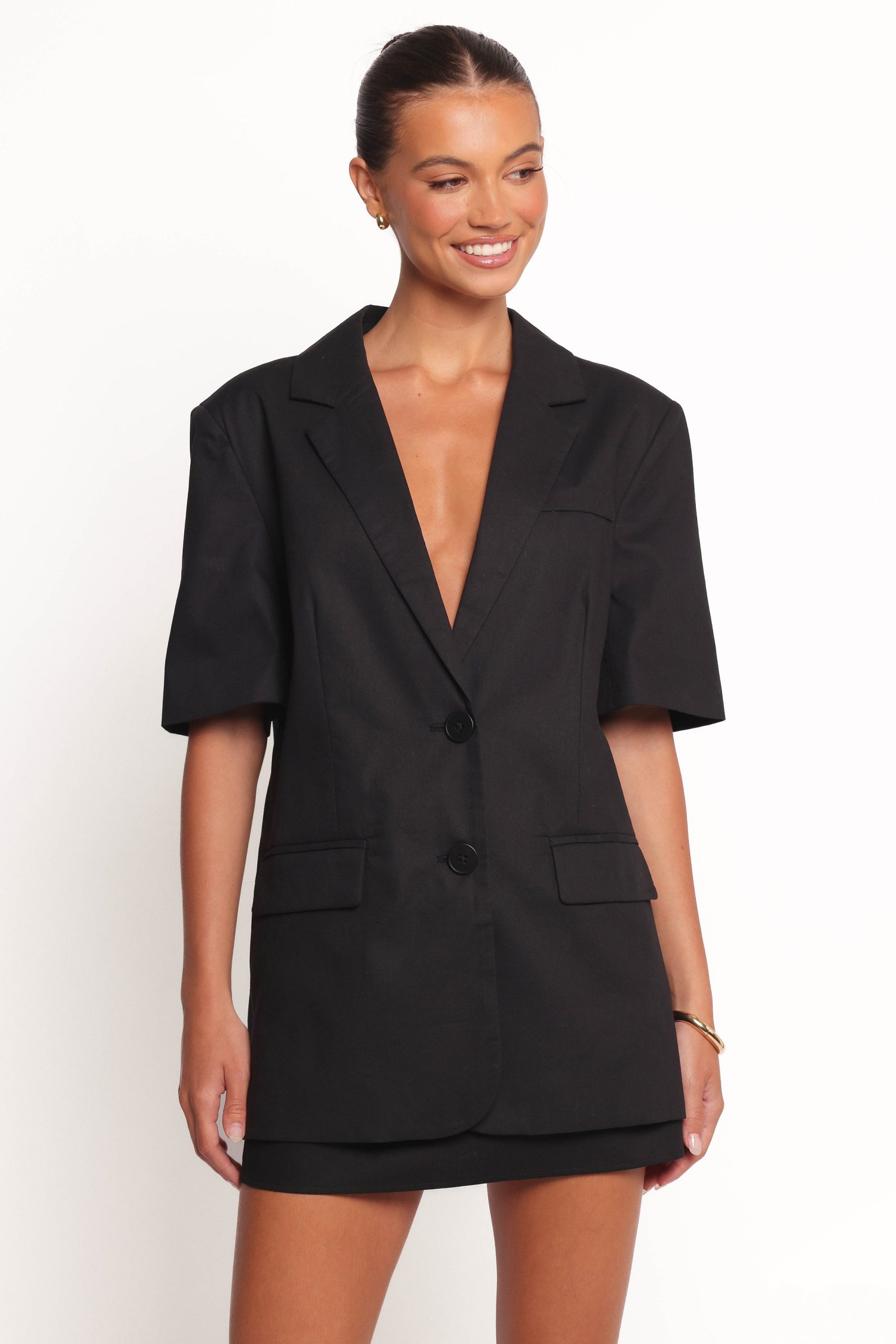 Brielle Short Sleeve Blazer Top - Black - Image 2