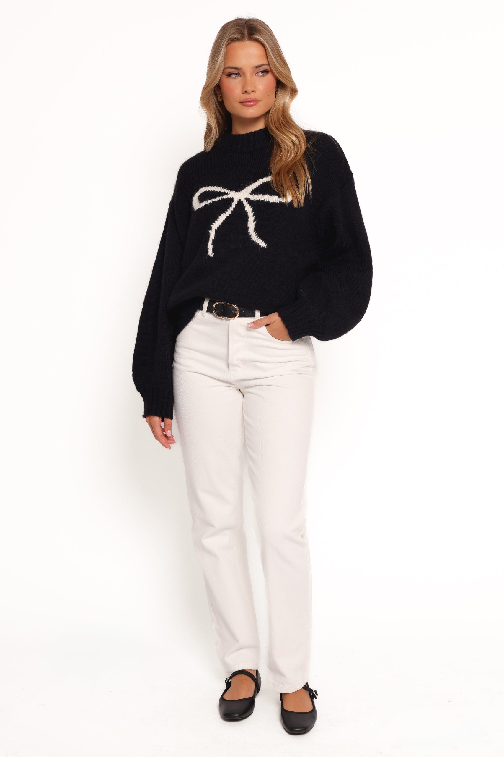 Cecelia Bow Print Mock Neck Knit Sweater - Black - Image 6