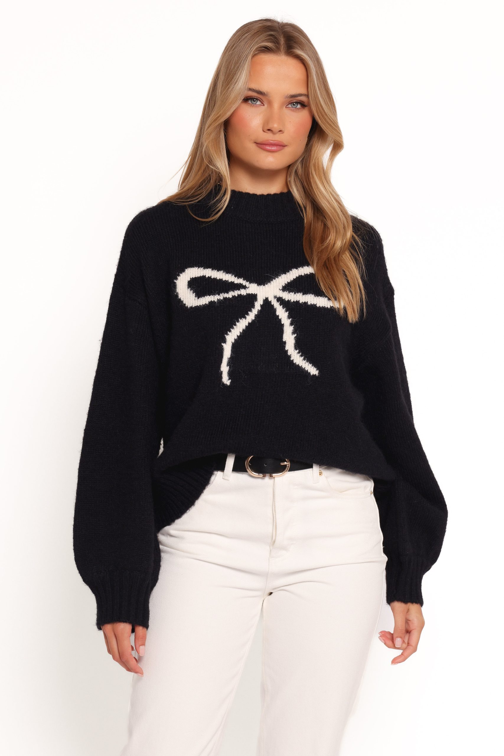 Cecelia Bow Print Mock Neck Knit Sweater - Black - Image 2