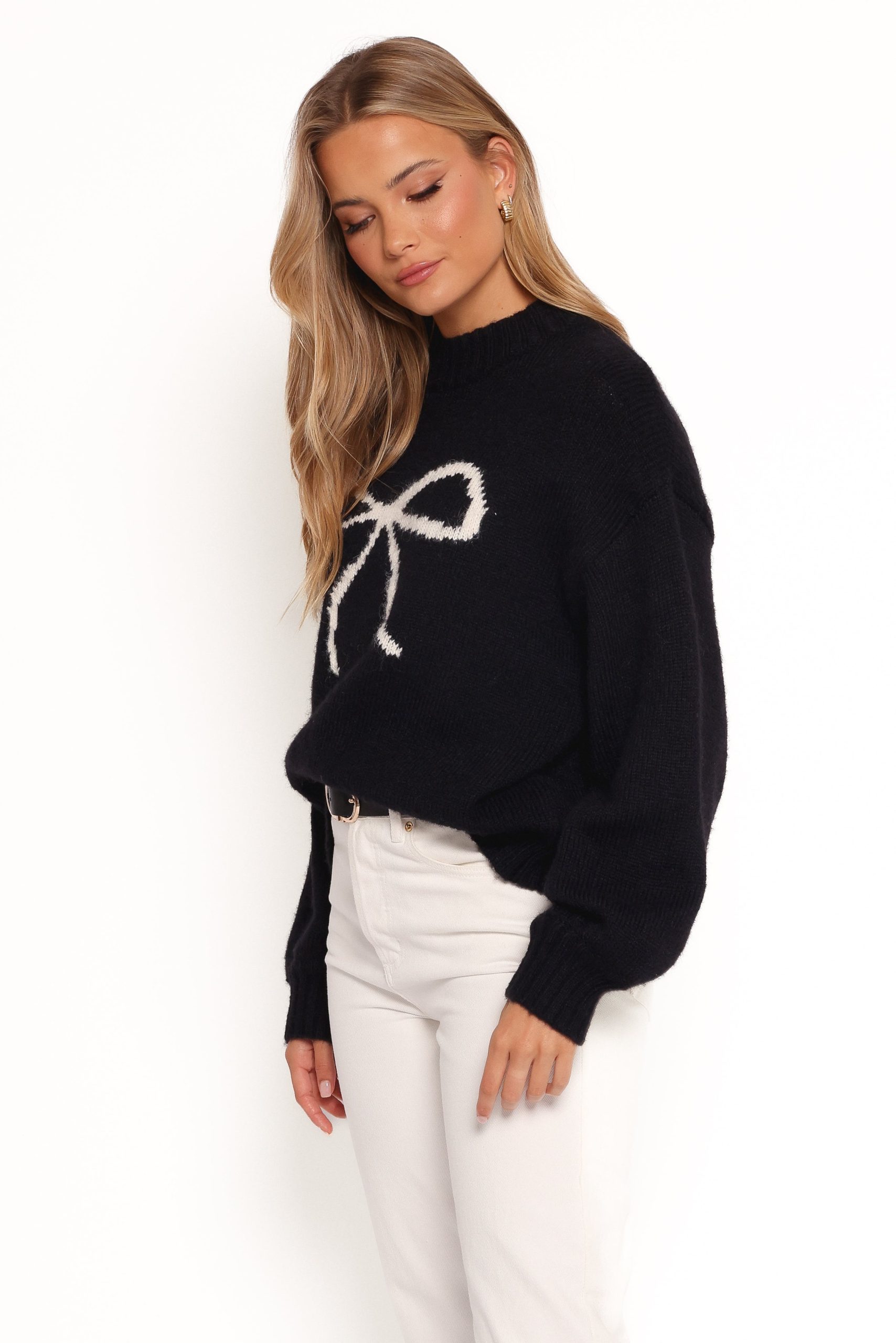 Cecelia Bow Print Mock Neck Knit Sweater - Black - Image 3