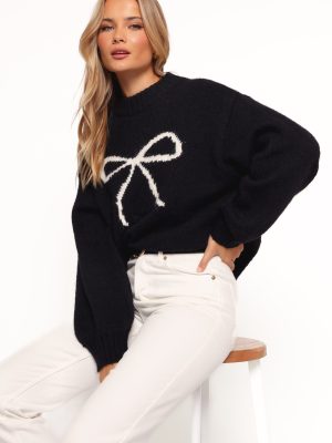 Cecelia Bow Print Mock Neck Knit Sweater - Black