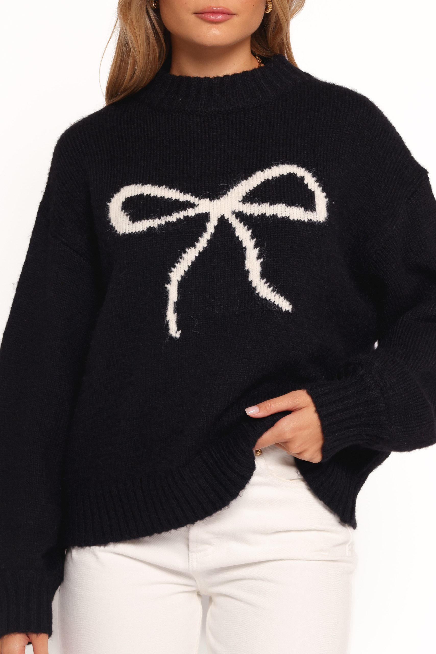 Cecelia Bow Print Mock Neck Knit Sweater - Black - Image 7