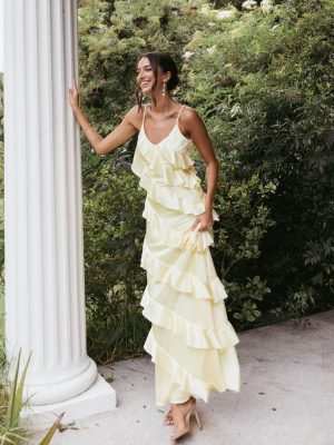 Ciao Ruffles Maxi Satin Dress - Pale Yellow