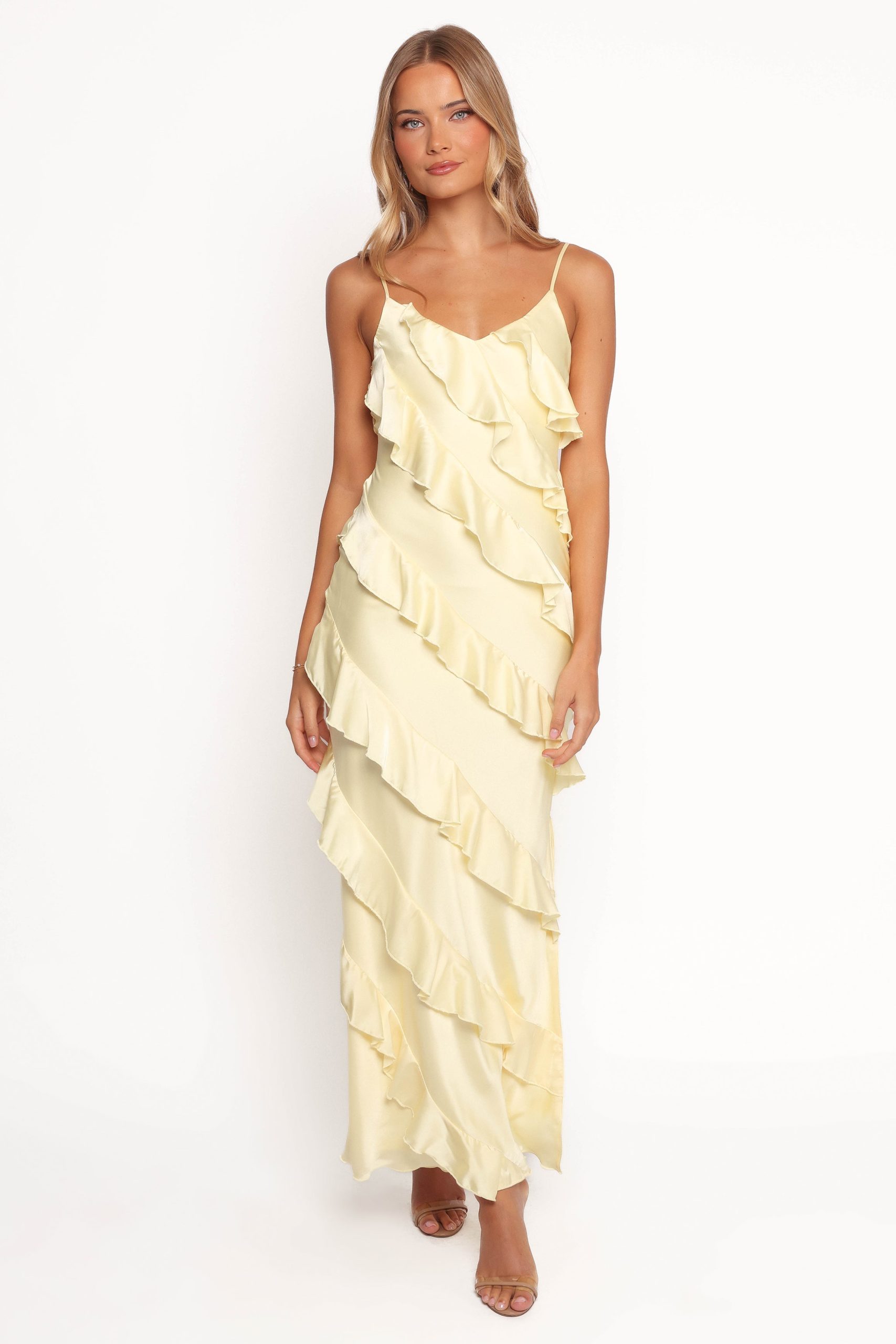 Ciao Ruffles Maxi Satin Dress - Pale Yellow - Image 2