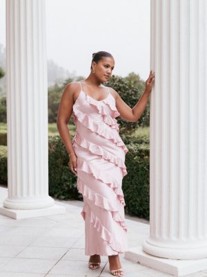 Ciao Ruffles Maxi Satin Dress - Pink