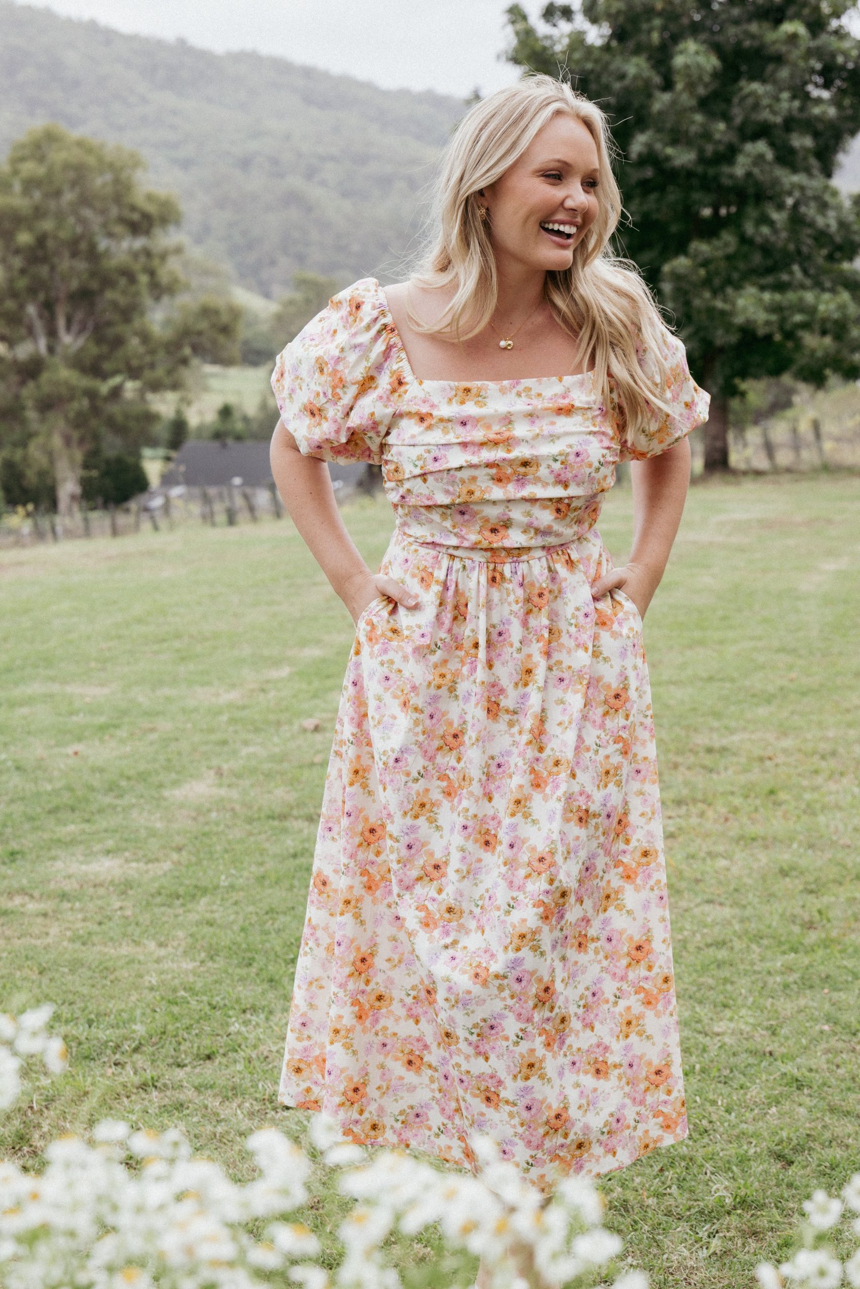 Clo Puff Sleeve Midi Dress - Peach Floral - Image 9