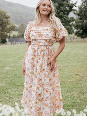 Clo Puff Sleeve Midi Dress - Peach Floral