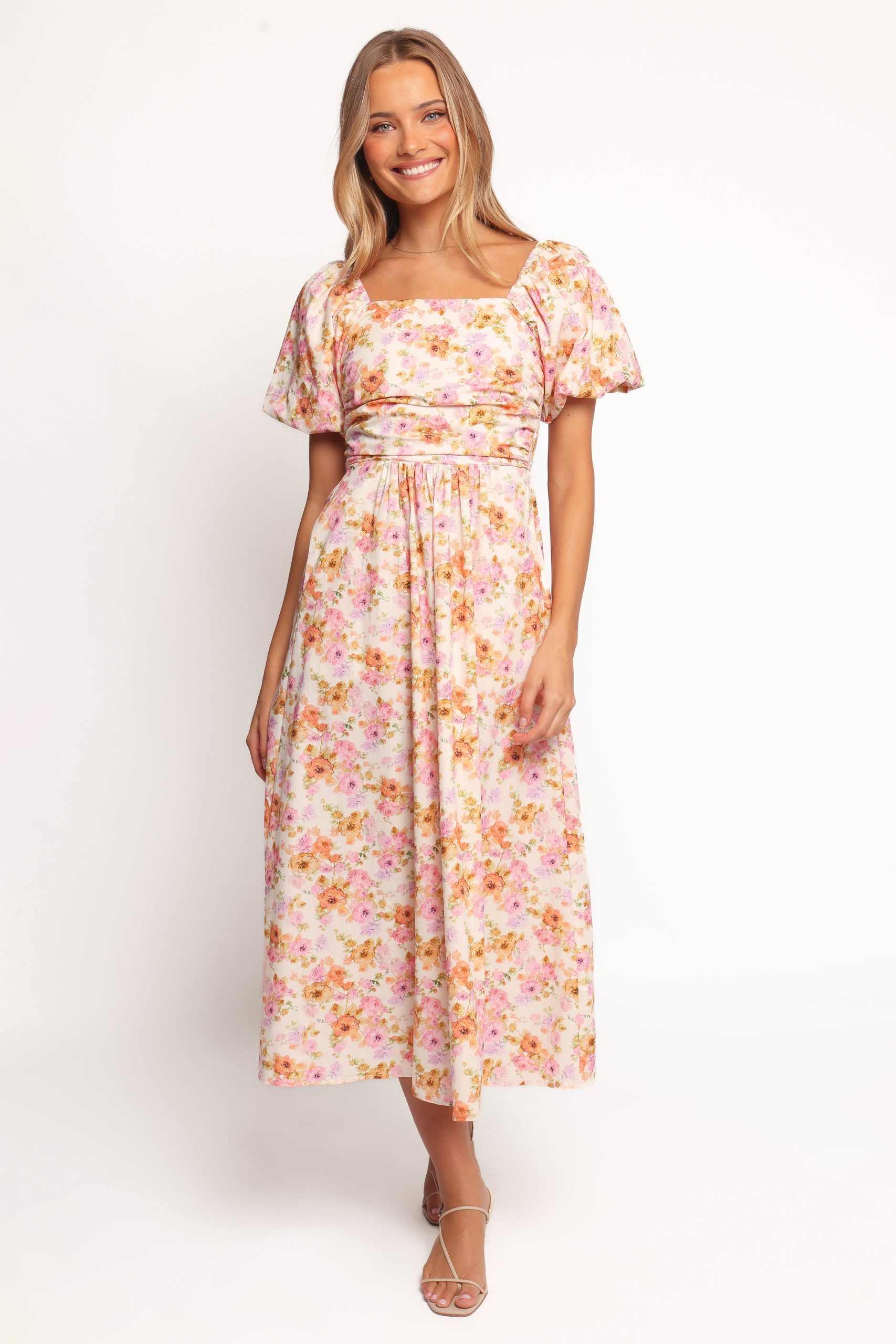 Clo Puff Sleeve Midi Dress - Peach Floral - Image 7
