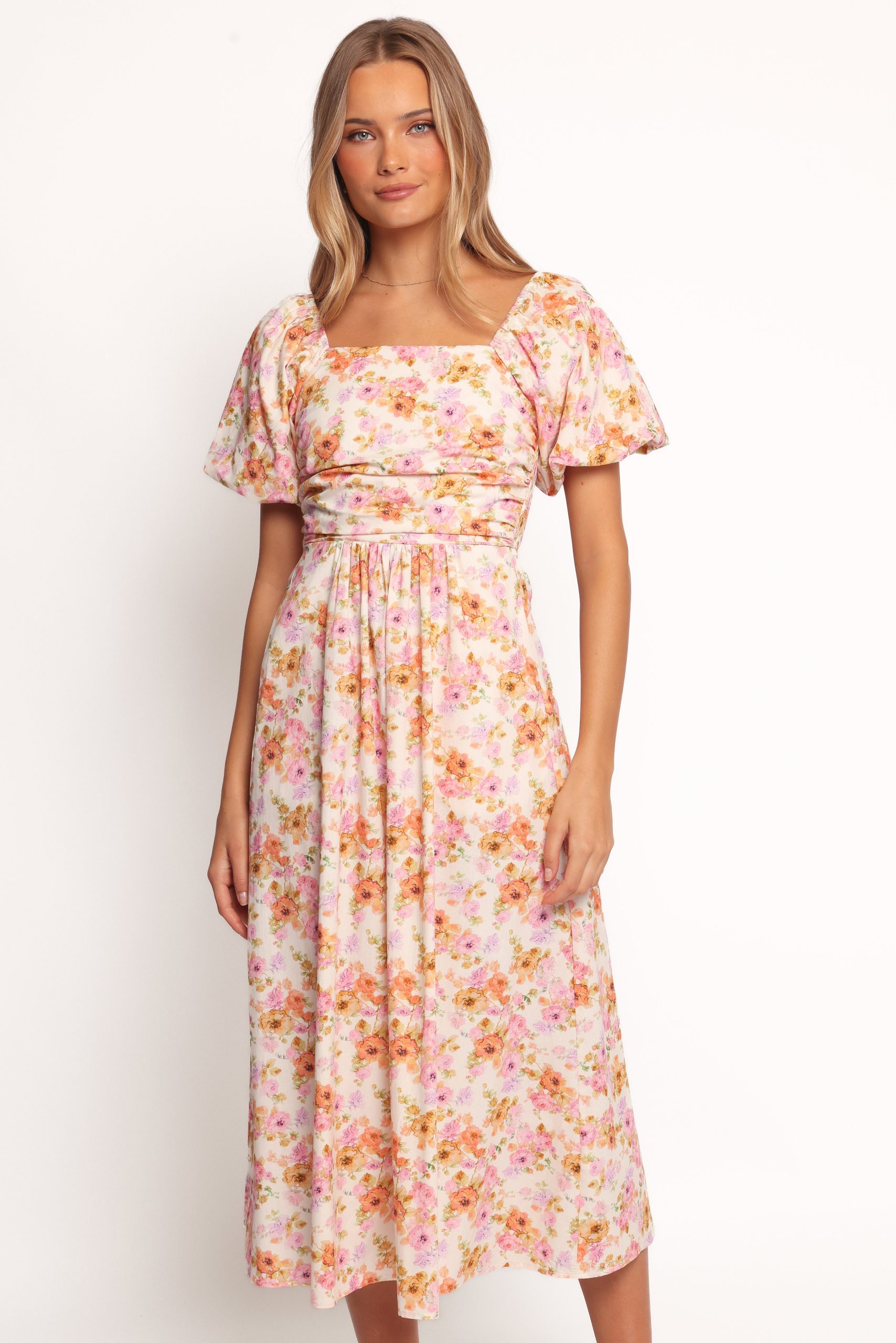 Clo Puff Sleeve Midi Dress - Peach Floral - Image 2