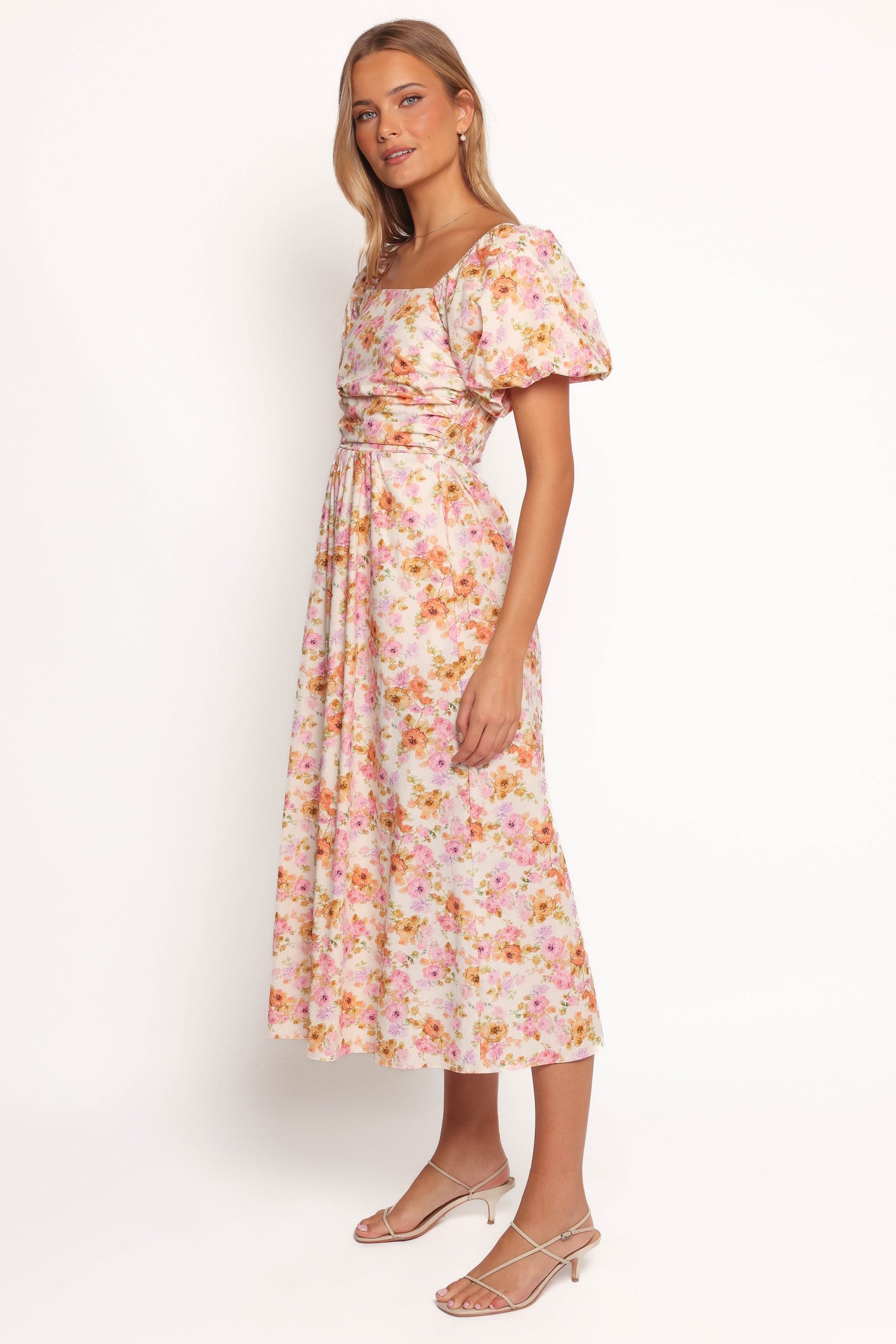 Clo Puff Sleeve Midi Dress - Peach Floral - Image 5