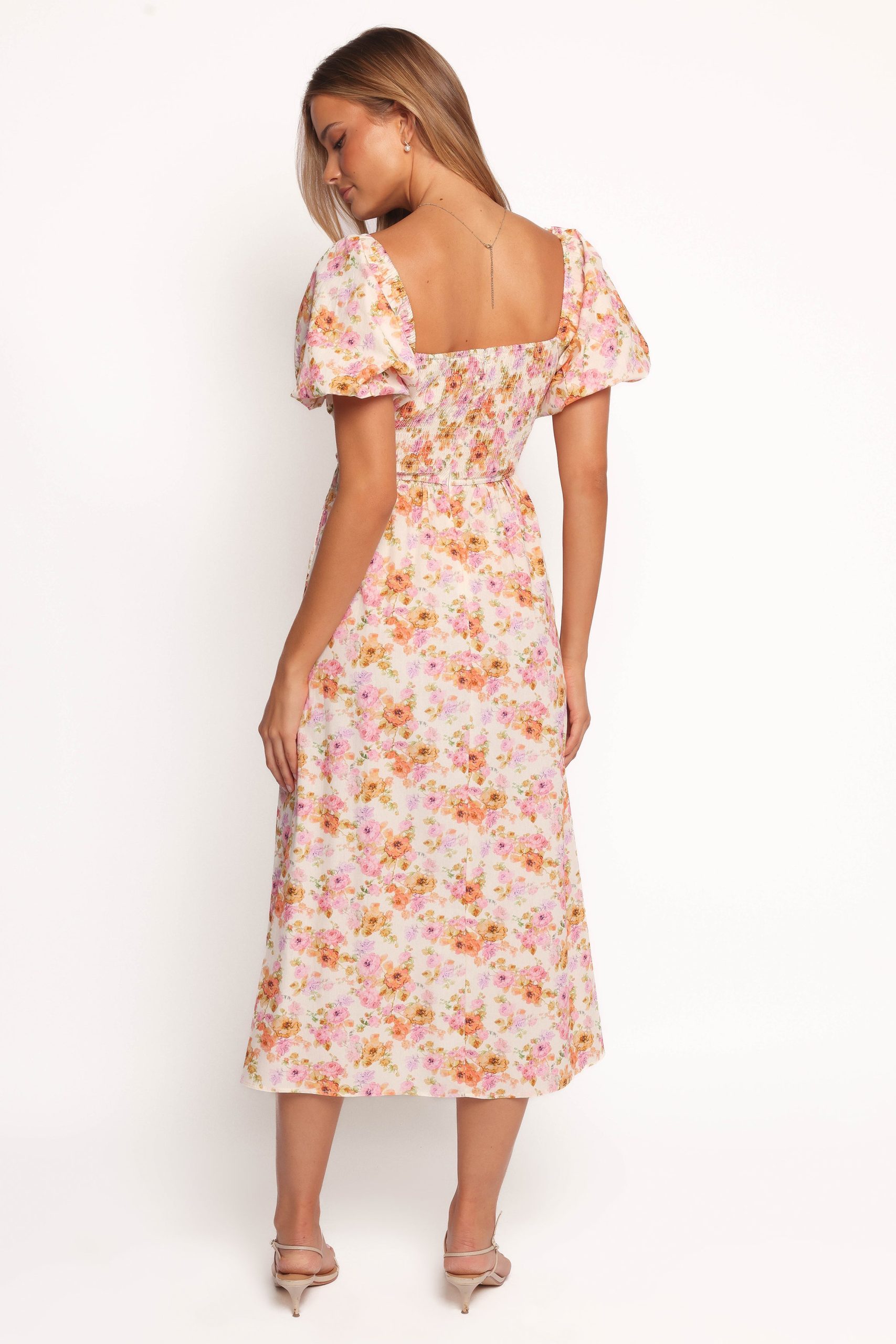 Clo Puff Sleeve Midi Dress - Peach Floral - Image 4
