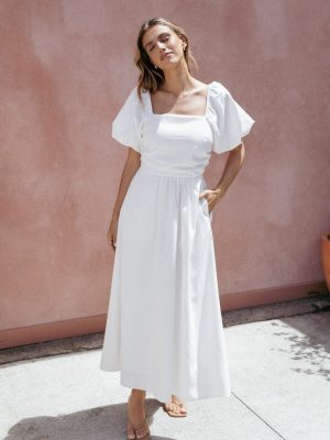 Clo Puff Sleeve Midi Dress - White