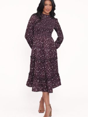 Edwina Shirred Frill Long Sleeve Midi Dress - Plum Floral