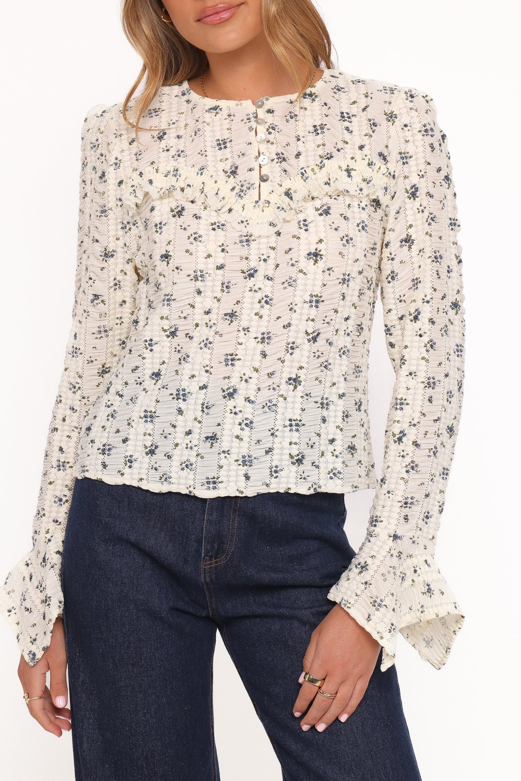 Eira Textured Ruffle Top - Cream Blue Floral - Image 2