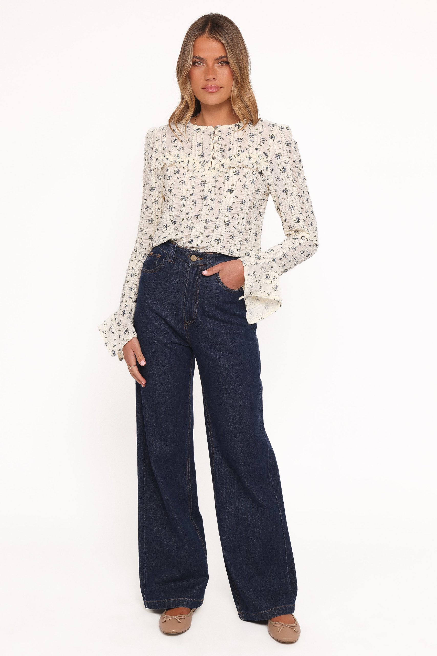 Eira Textured Ruffle Top - Cream Blue Floral - Image 5