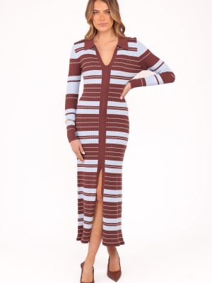 Eliana Long Sleeve Midi Dress - Brown Blue Stripe