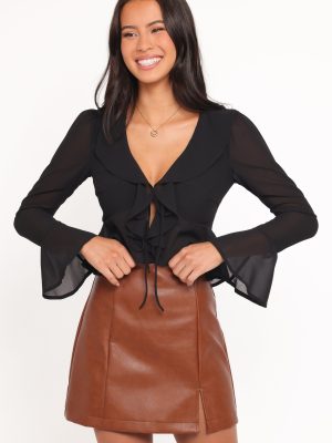 Elora Chiffon Ruffle Front Top - Black