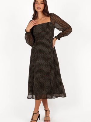 Ettie Long Sleeve Midi Dress - Pine/Tan